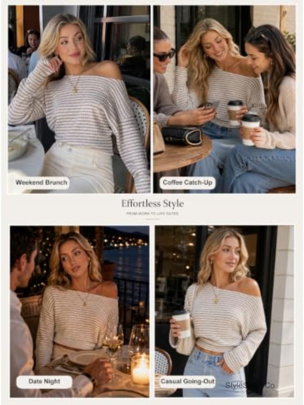 Off Shoulder Striped Knit Crop Top Long Sleeve Cinched Waist - Picture 5 of 5